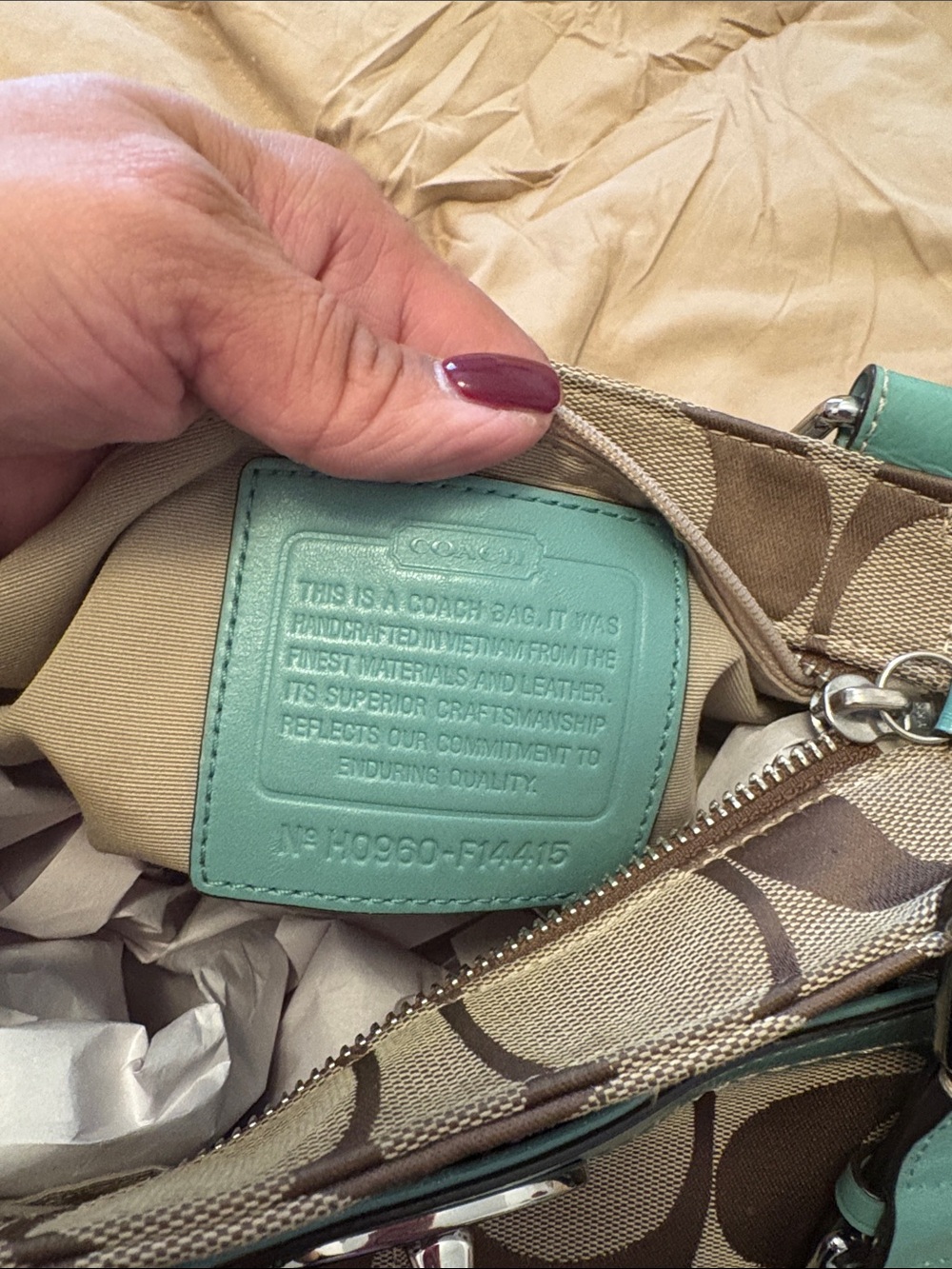 Coach Brown Signature Satchel with Teal Trim - Picture 7 of 7
